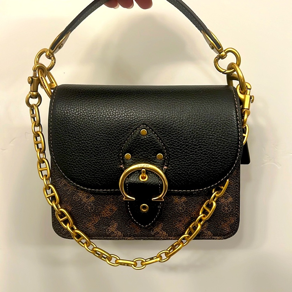 Coach Small Leather Black Shoulder Bag for Women with Horse And Carriage Print